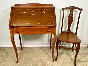 Stunning Antique Mother Of Pearl In Laid Secretary Desk With Chair