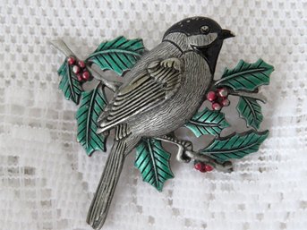 Vintage JJ Silver Tone Enamel Chickadee Bird Winter Pin