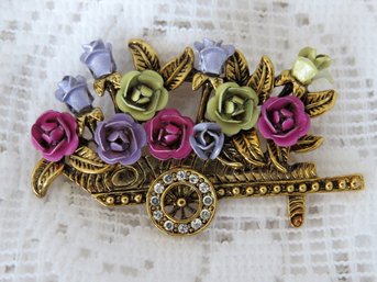 Gold Tone Garden Cart Filled With Metal Roses Brooch