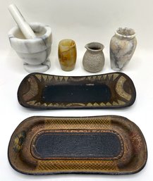 Marble Mortar & Pestle, Marble Vases & 2 Metal Trays
