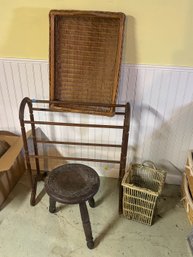 A QUILT RACK AND BASKETS