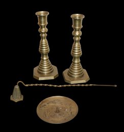 Pair Of Brass Candlesticks, Snuffer & Pricket Candle Tray