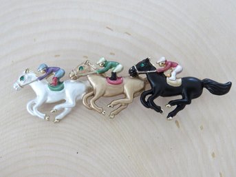 Enameled Triple Horse And Jockey Bar Brooch