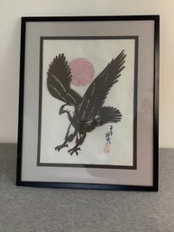 Framed Chinese Paper-cut Of Eagle In Light Against Pink Sun Signed