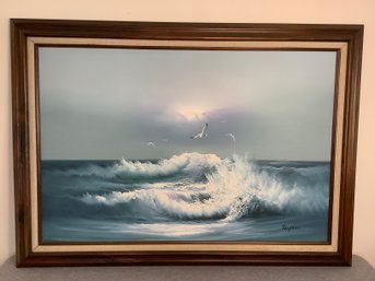 Large Oil Painting On Canvas Of Seascape W/ Waves & Seagulls Signed Taylor