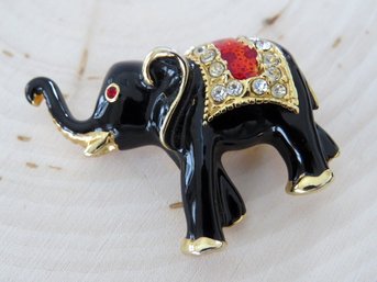 Gold Tone Black Enamel Rhinestone Elephant Brooch Pin - Vintage Taiwan