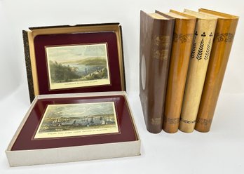 Vintage Tin Faux Books Hiding Storage Box & 7 Vintage Placemats Of English Landscapes In Orignal Box