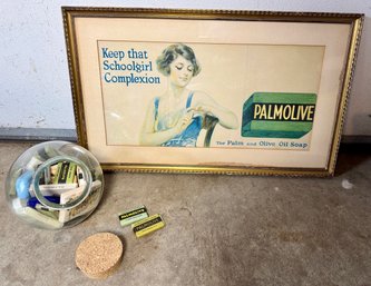 Framed Palmolive Advertising Lithograph And Glass Jar With Various Soaps