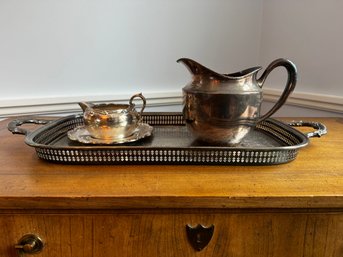 Gorham Newport Embossed Silver Plate Pierced Serving Tray With Additional Pitcher, Creamer And Saucer