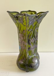 Loetz Green Glass Vase With Sterling Silver Overlay