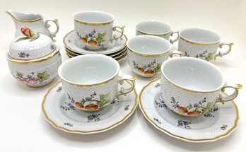 Vintage Hollohaza Hungary Hand Painted China With Gold Accents: 6 Cups & Saucers, Creamer & Sugar Bowl