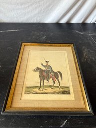 Framed Vintage Hand-colored Military Print Depicting A Cavalry Officer From The Napoleonic Wars Era