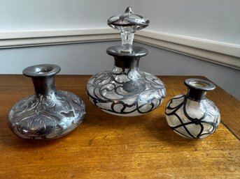 Antique Art Nouveau Sterling Overlay Glass Perfume Bottles (set Of 3)