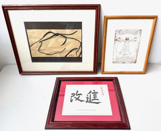 Signed Original Drawing, Davinci Print & Japanese Callgraphy