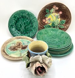 Vintage Majolica Plates Including French Faencerie De Gien  & Floral Vase