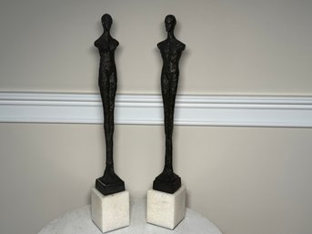 Striking Pair Of Global Views Figural Sculptures On Marble Base