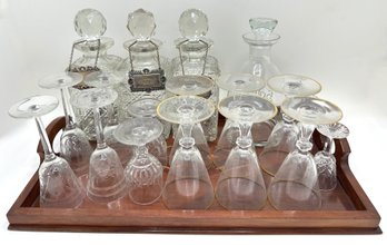 Vintage Crystal Decanters With Necklaces (one Sterling) & 15 Assorted Wine Glasses On Wood Inlay Tray