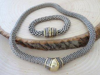 Vintage Silver Tone Heavy Woven Mesh Rope Necklace And Bracelet Set