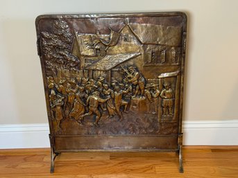 Vintage Brass Fireplace Screen With Embossed Tavern Scene
