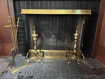 Aged Brass Andirons And Fireplace Tools