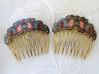 Pair Of Vintage Cloisonne Floral Enamel Hair Combs