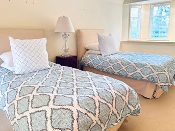 Pair Custom Twin Boucle Beds & Linens
