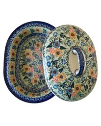 Polish Pottery Oval Baker With Lid  Blue Spring Pattern  Bolesawiec, Poland