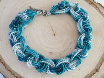 Woven Choker Seed Bead Necklace In Teal And White