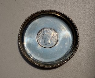 Antique 1840 British India One Rupee Silver Coin Set In Silver Dish