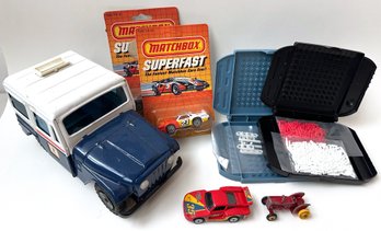 Vintage Tin Toy Cars Including Mail Truck & New Portable Battleship Game