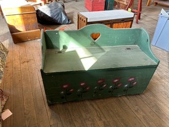 Painted Green Floral Storage Bench