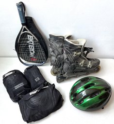 Rollerblade Inline Skates Mens Size 10, Safety Pads, Helmet & Racketball Racket