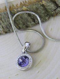 Crown Trifari Faceted Purple Crystal Clear Stone Pendant Snake Chain Necklace