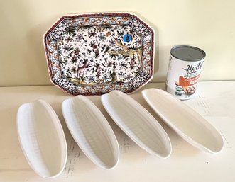 Hand Painted Portuguese Plate And 4 Corn Dishes