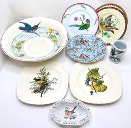 Large Vintage Ceramic Hand Painted Bird Bowl, 7 Bird Plates & Small Vase