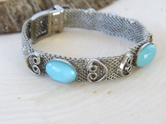 Vintage Silver Tone Mesh Buckled Belt Style Bracelet With Glass Bead Design