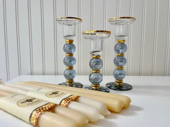 A Set Of 3 Makenzie Childs Glass Candlesticks And 3 Sets Of Beeswax Candles