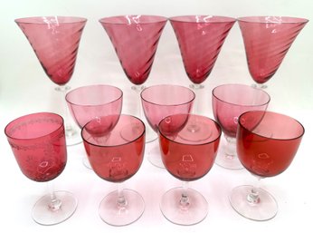 11 Assorted Rose Cranberry Wine Glasses Including Swirl
