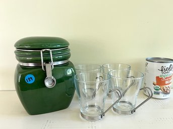 Green Canister And 4 Bormioli Rocco Cappuccino Glasses