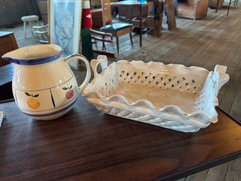 Lattice Ceramic Basket & White Pitcher With Fruit