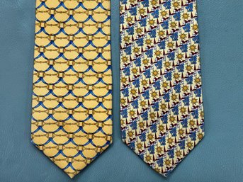 2 Men's Silk Neckties In Yellow Bit Print And Blue Folk Art Style Design