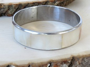 Beautiful Silver Tone Mother Of Pearl Bangle Bracelet