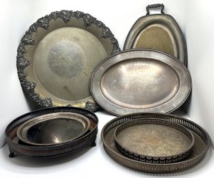 7 Large Vintage Silver Plate Platters, Largest With Pewter Strawberries