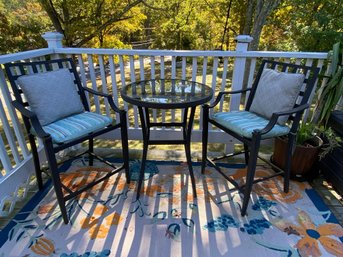 Very Nice Aluminum Bar Height Table And Two Tall Chairs With Cushions As Shown - Very Nice Set - 3 Pieces