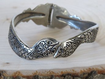 Niello Inspired Double Headed Snake Clamper Hinged Bracelet