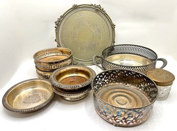 8 Vintage Silver Plate Bowls & Trays & Covered Crystal Canister