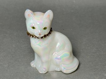 Vintage Fenton Art Glass Signed Terry Deuley White Opal Iridescent Cat Figure