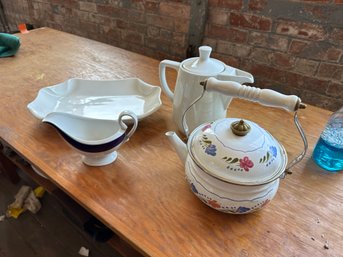 4 Pc. White Platter, Gravy Boat, Coffee Server, White Enamel Teapot With Floral Design