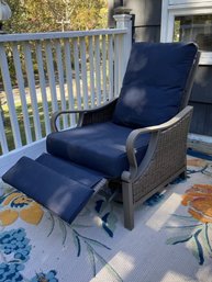 (1 Of 2) Very Nice Outdoor Recliner With Wicker Like Sides - Navy Blue Cushions - We Have Two Of These !