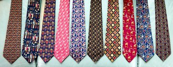Collection Of TEN Salvatore Ferragamo Luxe Designer Printed Silk Neckties With One HERMES
